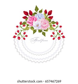 Floral round frame with   bouquets of flowers. Vector border.