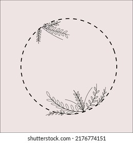 floral round frame with branches. round frame for a wedding. sketch for postcard design.