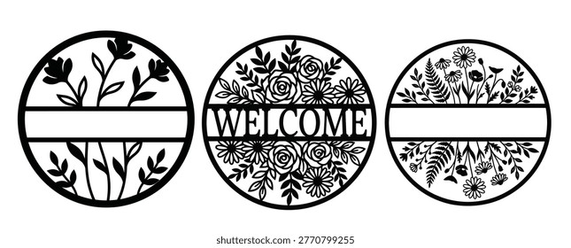 Floral Round Frame Bundle with Welcome Sign, Botanical Circle Monogram Designs, Decorative Nature Line Art for Laser Cut and Cricut