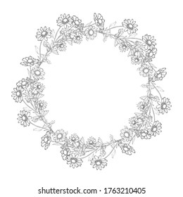 Marco redondo floral con chamóiles. Leyenda de flores onduladas dibujando a mano. Copiar espacio. Blanco y negro. Ilustración de material vectorial.