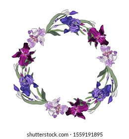 Floral round frame of colorful flowers irises and green leaves. Isolated on a white background. Place for text. Wreath for your design, greeting cards, invitation. Vector stock illustration.