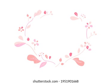 Espacio de copia de cuadro redondo floral sobre blanco. Flores dibujadas a mano a mano, hojas, hierbas. Para invitaciones de boda, tarjetas de saludo romántico, pancartas, afiches. Fiesta de primavera, Día de San Valentín, 8 de marzo.