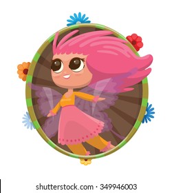 Floral round frame with cute cartoon female fairy with big beautiful eyes, pink hair and butterfly wings. She is flying and smiling to the all world. Positive character. vector illustration