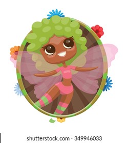 Floral round frame with cute cartoon female fairy with big beautiful eyes, green hair and pink butterfly wings. She  wears in green tights with pink stripes . Positive character. vector illustration