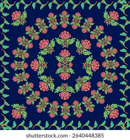 
Floral round frame from cute damask flowers with leaves square frame. Design for carpet,wallpaper, table cloth, curtain, home decor. Vector illustration.