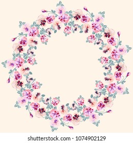 Floral round frame from cute ditsy flowers. Vector greeting card template. Design artwork for the poster, tee shirt, pillow, home decor. Summer wild flowers wreath.