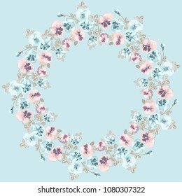 Floral round frame from cute ditsy flowers. Greeting card template. Design artwork for the poster, tee shirt, pillow, home decor. Summer wild flowers wreath.