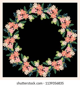 Floral round frame from cute ditsy flowers. Greeting card template. Design artwork for the poster, tee shirt, pillow, home decor. Summer wild flowers wreath.
