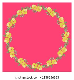 Floral round frame from cute ditsy flowers. Greeting card template. Design artwork for the poster, tee shirt, pillow, home decor. Summer wild flowers wreath.