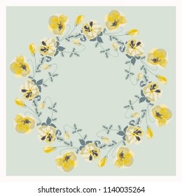 Floral round frame from cute ditsy flowers. Greeting card template. Design artwork for the poster, tee shirt, pillow, home decor. Summer wild flowers wreath.