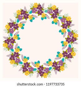 Floral round frame from cute ditsy flowers. Greeting card template. Design artwork for the poster, tee shirt, pillow, home decor. Summer wild flowers wreath.