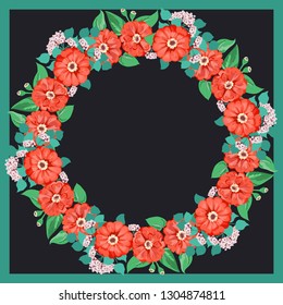 Floral round frame from cute ditsy flowers. Greeting card template. Design artwork for the poster, tee shirt, pillow, home decor. Summer wild flowers wreath.