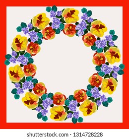 Floral round frame from cute ditsy flowers. Greeting card template. Design artwork for the poster, tee shirt, pillow, home decor. Summer wild flowers wreath.