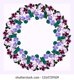 Floral round frame from cute ditsy flowers. Greeting card template. Design artwork for the poster, tee shirt, pillow, home decor. Summer wild flowers wreath.