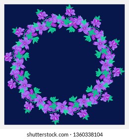 Floral round frame from cute ditsy flowers. Greeting card template. Design artwork for the poster, tee shirt, pillow, home decor. Summer wild flowers wreath