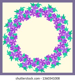 Floral round frame from cute ditsy flowers. Greeting card template. Design artwork for the poster, tee shirt, pillow, home decor. Summer wild flowers wreath