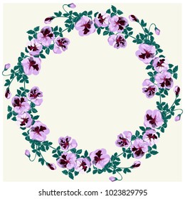 Floral round frame from cute flowers, green branches. Greeting card template. Design artwork for the poster, tee shirt, pillow, home decor. Summer wreath.