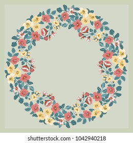 Floral round frame from cute flowers. Greeting card template. Design artwork for the poster, tee shirt, pillow, home decor. Summer flowers with green leaves.