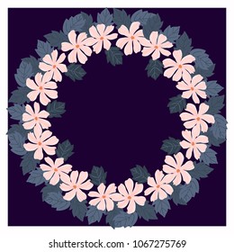 Floral round frame from cute flowers. Greeting card template. Design artwork for the poster, tee shirt, pillow, home decor. Summer flowers with green leaves.