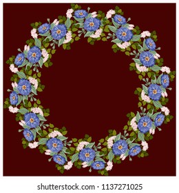 Floral round frame from cute flowers. Greeting card template. Design artwork for the poster, tee shirt, pillow, home decor. Summer wild flowers wreath.