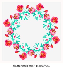 Floral round frame from cute flowers. Vector greeting card template. Design artwork for the poster, tee shirt, pillow, home decor. Summer flowers with green leaves.