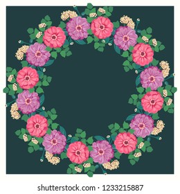 Floral round frame from cute flowers. Greeting card template. Design artwork for the poster, tee shirt, pillow, home decor. Summer wild flowers wreath.