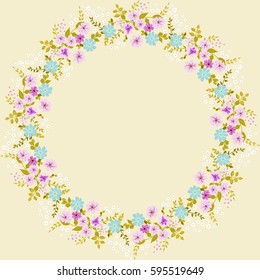 Floral round frame from cute flowers. Vector greeting card template. Design artwork for the poster, tee shirt, pillow, home decor. Summer flowers with green leaves.