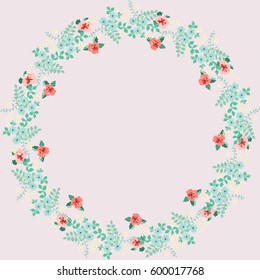 Floral round frame from cute flowers. Vector greeting card template. Design artwork for the poster, tee shirt, pillow, home decor. Summer flowers with green leaves.