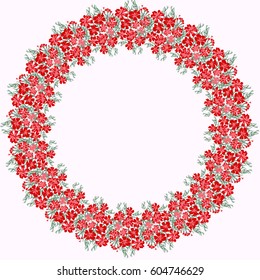 Floral round frame from cute flowers. Vector greeting card template. Design artwork for the poster, tee shirt, pillow, home decor. Summer flowers with green leaves.