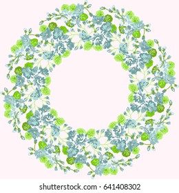 Floral round frame from cute flowers. Vector greeting card template. Design artwork for the poster, tee shirt, pillow, home decor. Summer flowers with green leaves.