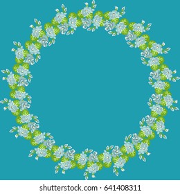 Floral round frame from cute flowers. Vector greeting card template. Design artwork for the poster, tee shirt, pillow, home decor. Summer flowers with green leaves.