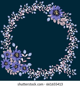 Floral round frame from cute flowers. Vector greeting card template. Design artwork for the poster, tee shirt, pillow, home decor. Summer flowers with green leaves.