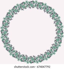 Floral round frame from cute flowers. Vector greeting card template. Design artwork for the poster, tee shirt, pillow, home decor. Summer flowers with green leaves.
