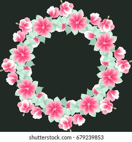 Floral round frame from cute flowers of hibiscus. Vector greeting card template. Design artwork for the poster, tee shirt, pillow, home decor. Summer flowers with green leaves.
