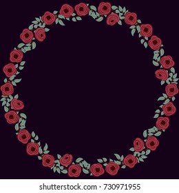Floral round frame from cute flowers. Greeting card template. Design artwork for the poster, tee shirt, pillow, home decor. Summer flowers with green leaves.