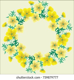 Floral round frame from cute flowers of yellow buttercups. Greeting card template. Design artwork for the poster, tee shirt, pillow, home decor. Summer flowers with green leaves.