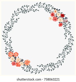 Floral round frame from cute flowers. Vector greeting card template. Design artwork for the poster, tee shirt, pillow, home decor. Summer flowers with green leaves.