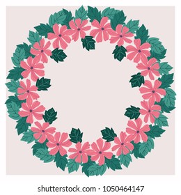Floral round frame from cute folk flowers.  Greeting card template. Design artwork for the poster, tee shirt, pillow, home decor. Summer flowers with green leaves.