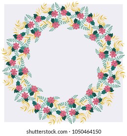 Floral round frame from cute folk flowers.  Greeting card template. Design artwork for the poster, tee shirt, pillow, home decor. Summer flowers with green leaves.