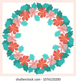 Floral round frame from cute folk flowers. Vector greeting card template. Design artwork for the poster, tee shirt, pillow, home decor. Summer wild flowers wreath.