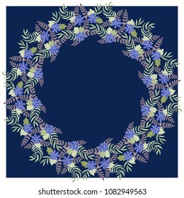 Floral round frame from cute folk striped flowers. Vector greeting card template. Design artwork for the poster, tee shirt, pillow, home decor. Summer wild flowers wreath.
