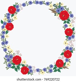 Floral round frame from cute folk flowers. Vector greeting card template. Design artwork for the poster, tee shirt, pillow, home decor. Summer flowers with green leaves.