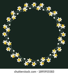 Floral round frame with cute narcissus flowers. Greeting card template. Design artwork for the poster, tee shirt, pillow, home decor. Summer wild flowers wreath.