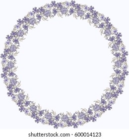 Floral round frame from cute navy flowers. Vector greeting card template. Design artwork for the poster, tee shirt, pillow, home decor. Summer flowers with green leaves.