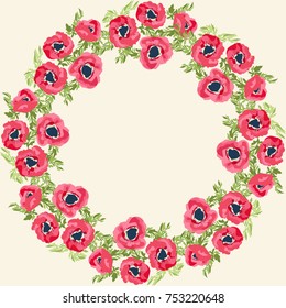 Floral round frame from cute pink wild flowers. Vector greeting card template. Design artwork for the holiday poster, tee shirt, pillow, home decor. Summer flowers with green leaves.