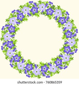 Floral round frame from cute simple flowers of blue ranunculus . Greeting card template. Design artwork for the poster, tee shirt, pillow, home decor. Summer flowers with green leaves.