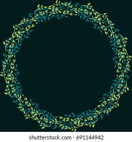 Floral round frame from cute thin twigs. Vector greeting card template. Design artwork for the poster, tee shirt, pillow, home decor. Summer flowers with green leaves.