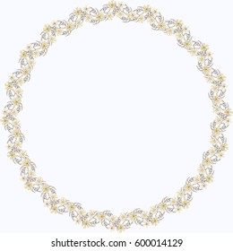 Floral round frame from cute yellow flowers. Vector greeting card template. Design artwork for the poster, tee shirt, pillow, home decor. Summer flowers with green leaves.