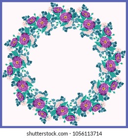 Floral round frame from cute zinnia flowers, silver eucalyptus branch, willow. Greeting card template. Design artwork for the poster, tee shirt, pillow, home decor. Summer flowers with green leaves.
