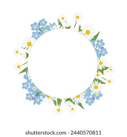 Blumenrunder Rahmen mit Gänseblümchen- oder Kamillenblüten und Myosotis sylvatica Wildblume. Frühlingshintergrund für Postkarte, Poster, Flyer, Social Media Post, Banner, Hochzeitseinladung. Vektor